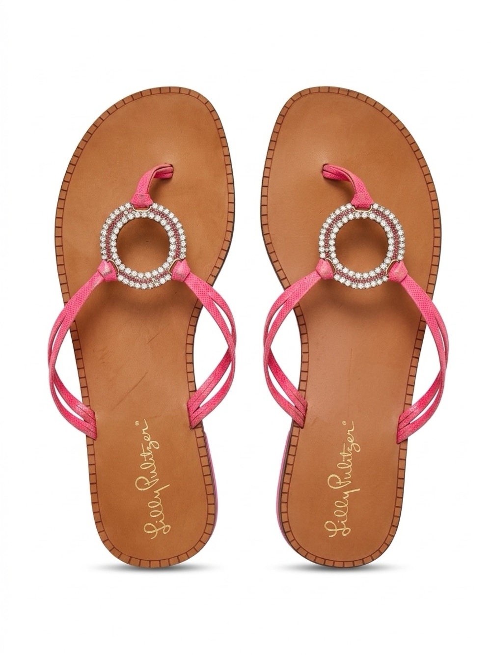 Lilly Pulitzer Thong Sandal Rhinestone O-Ring Leather Pink Gold 7M